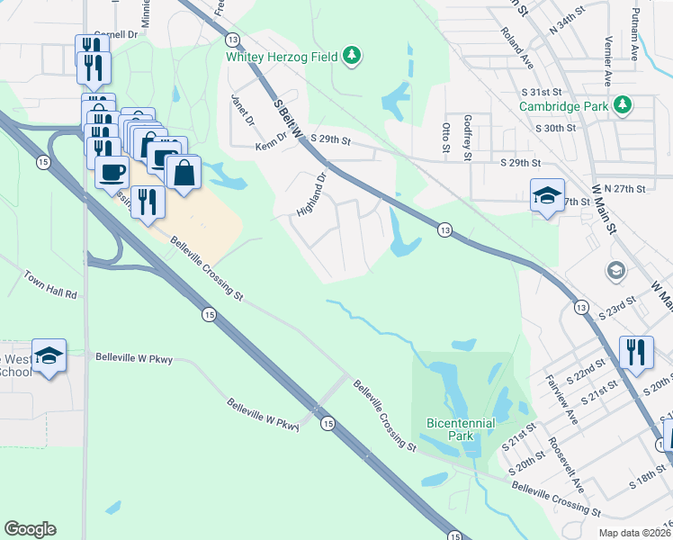map of restaurants, bars, coffee shops, grocery stores, and more near 119 Starlight Drive in Belleville