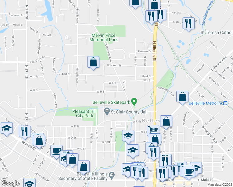 map of restaurants, bars, coffee shops, grocery stores, and more near 318 West H Street in Belleville