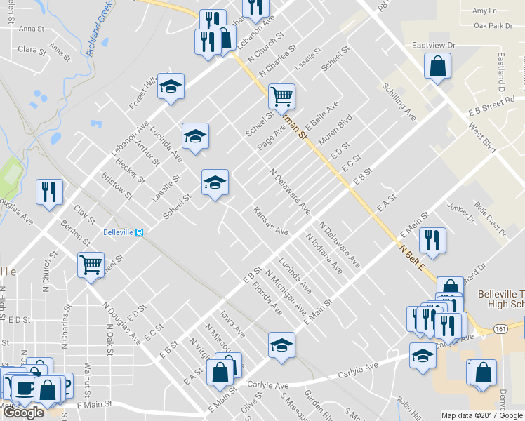 map of restaurants, bars, coffee shops, grocery stores, and more near 304 Kansas Avenue in Belleville