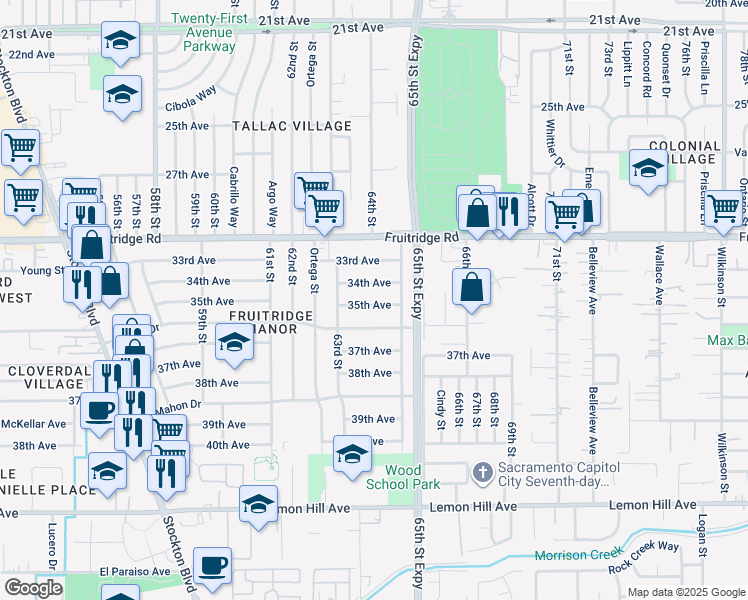 map of restaurants, bars, coffee shops, grocery stores, and more near 6333 35th Avenue in Sacramento