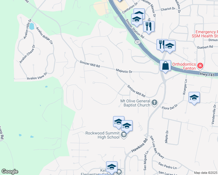 map of restaurants, bars, coffee shops, grocery stores, and more near 1820 Locks Mill Drive in Fenton