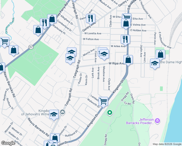 map of restaurants, bars, coffee shops, grocery stores, and more near 9921 Lark Avenue in St. Louis