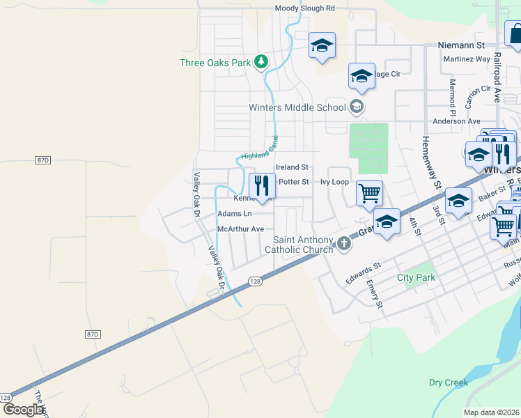 map of restaurants, bars, coffee shops, grocery stores, and more near 1009 Adams Lane in Winters