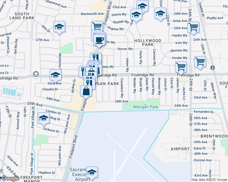 map of restaurants, bars, coffee shops, grocery stores, and more near 5644 El Granero Way in Sacramento