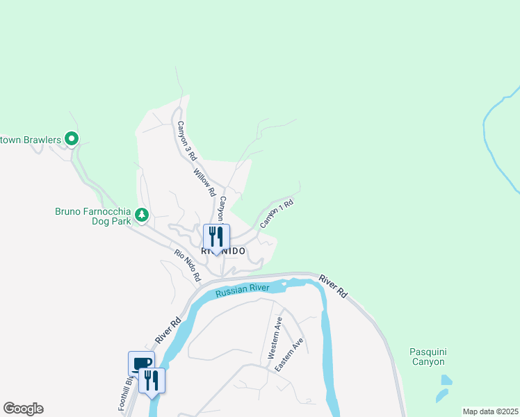 map of restaurants, bars, coffee shops, grocery stores, and more near 14796 Canyon 1 Road in Guerneville