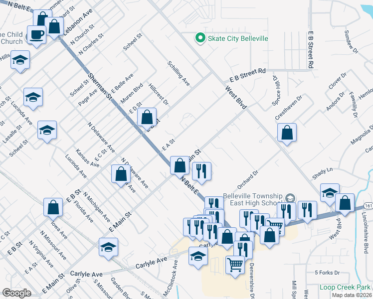 map of restaurants, bars, coffee shops, grocery stores, and more near 2411 East Main Street in Belleville