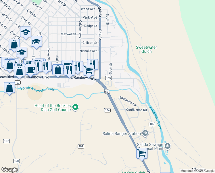 map of restaurants, bars, coffee shops, grocery stores, and more near 142 County Road 105 in Salida
