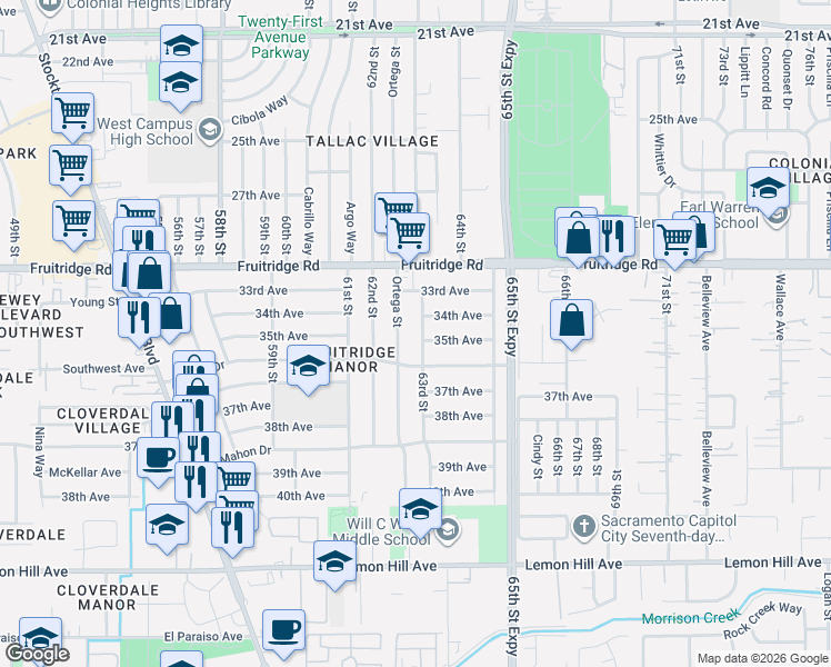 map of restaurants, bars, coffee shops, grocery stores, and more near 5740 63rd Street in Sacramento