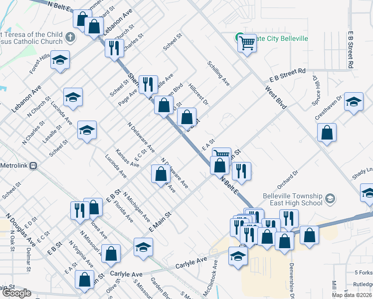 map of restaurants, bars, coffee shops, grocery stores, and more near 1617 North Belt East in Belleville