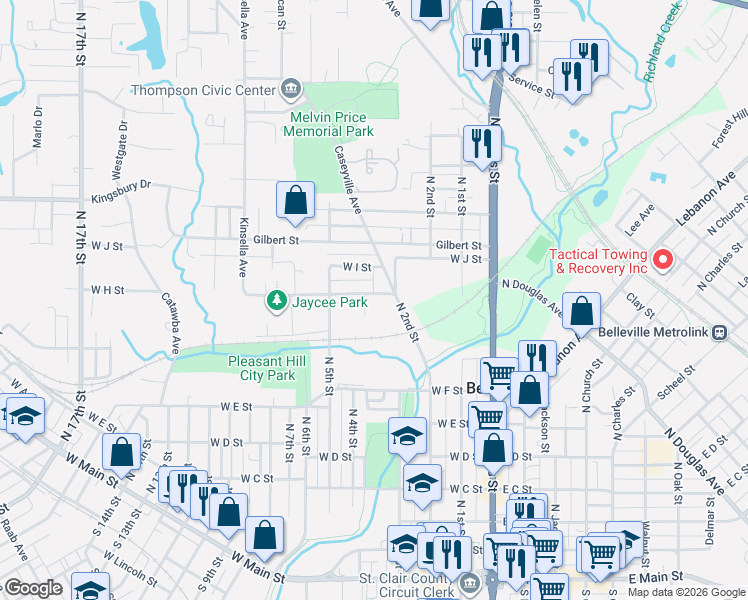 map of restaurants, bars, coffee shops, grocery stores, and more near 318 West H Street in Belleville