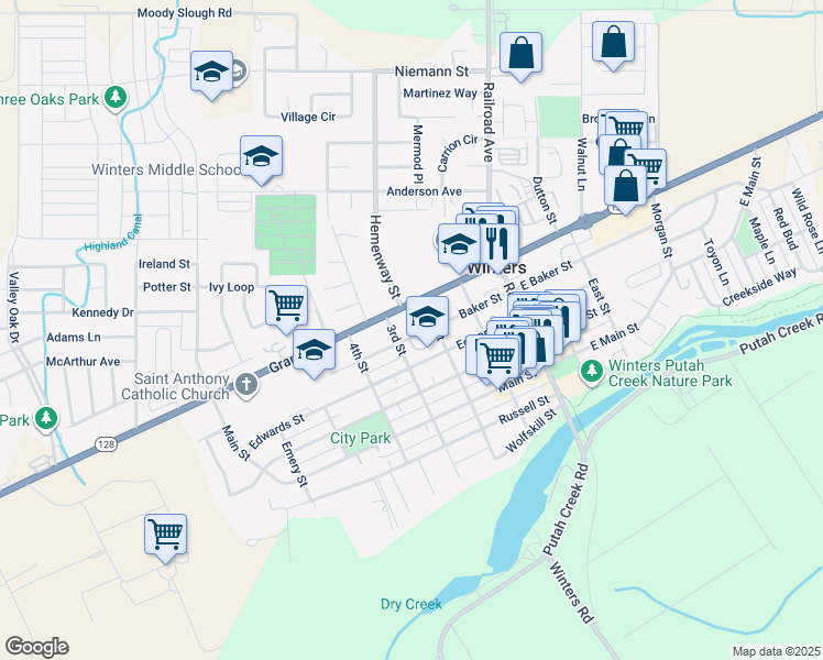 map of restaurants, bars, coffee shops, grocery stores, and more near 209 Baker Street in Winters