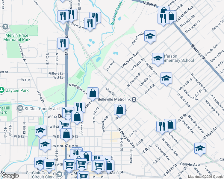 map of restaurants, bars, coffee shops, grocery stores, and more near 907 North Church Street in Belleville