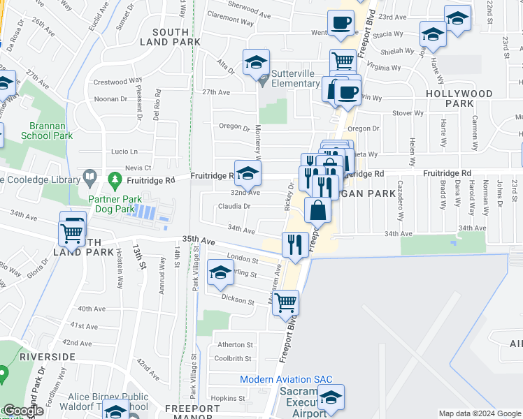 map of restaurants, bars, coffee shops, grocery stores, and more near 1516 Claudia Drive in Sacramento