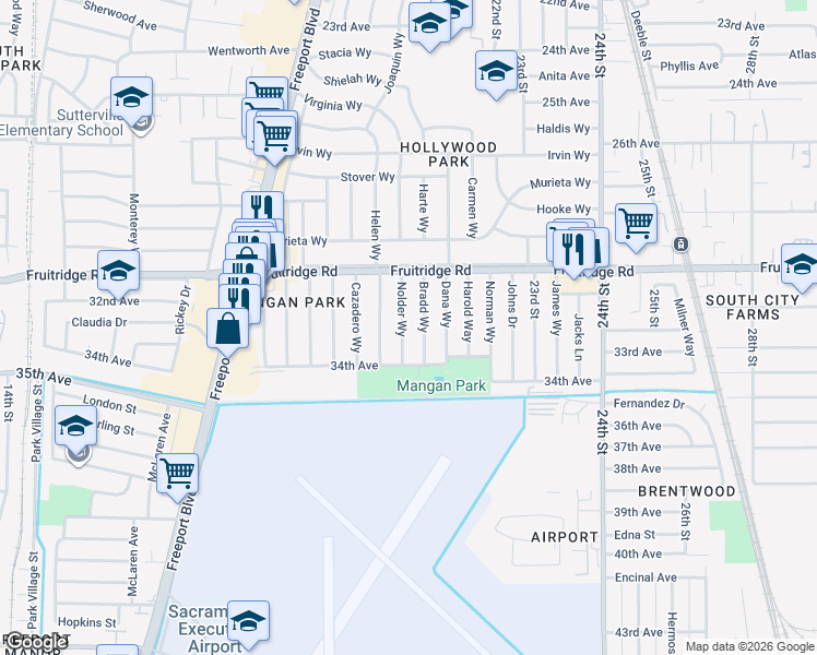 map of restaurants, bars, coffee shops, grocery stores, and more near 5645 Nolder Way in Sacramento