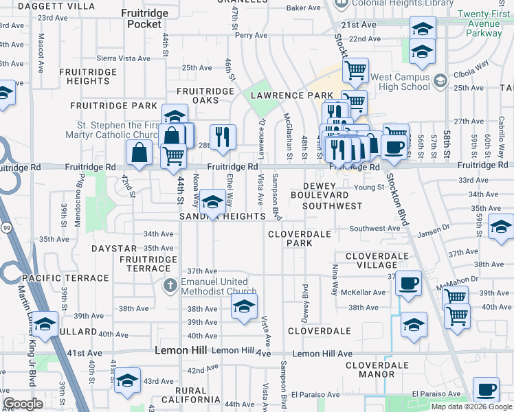 map of restaurants, bars, coffee shops, grocery stores, and more near 5666 Vista Ave in Sacramento