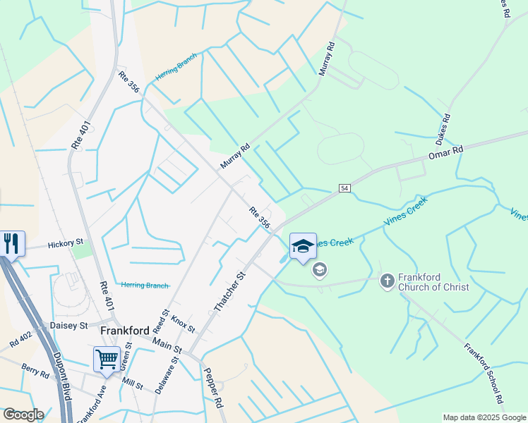 map of restaurants, bars, coffee shops, grocery stores, and more near 30126 Wilson Lane in Frankford