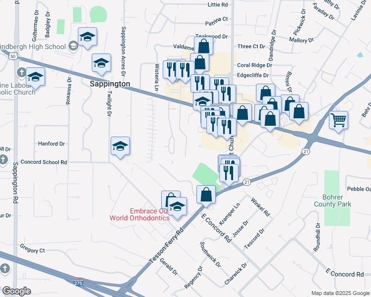 map of restaurants, bars, coffee shops, grocery stores, and more near 10765 Hackberry Drive in Saint Louis