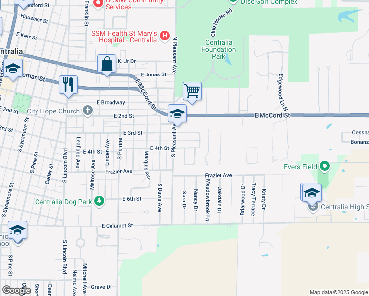 map of restaurants, bars, coffee shops, grocery stores, and more near 1428 East 4th Street in Centralia