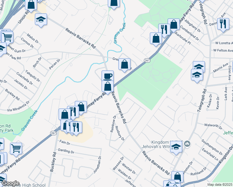 map of restaurants, bars, coffee shops, grocery stores, and more near 1293 Reavis Barracks Road in St. Louis