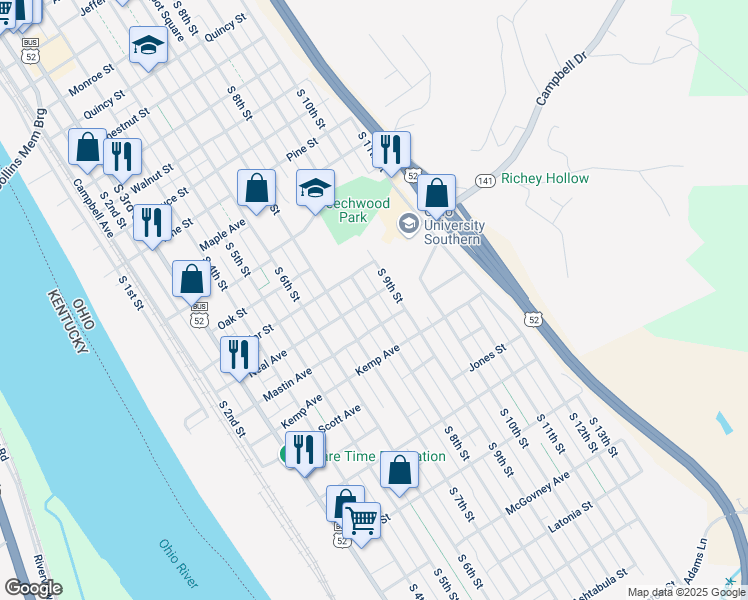 map of restaurants, bars, coffee shops, grocery stores, and more near 1903 South 8th Street in Ironton