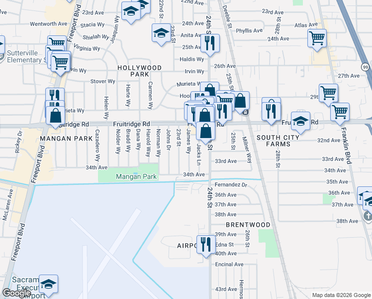 map of restaurants, bars, coffee shops, grocery stores, and more near 5644 James Way in Sacramento