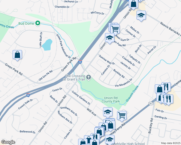 map of restaurants, bars, coffee shops, grocery stores, and more near 2662 Park Hill Circle in St. Louis