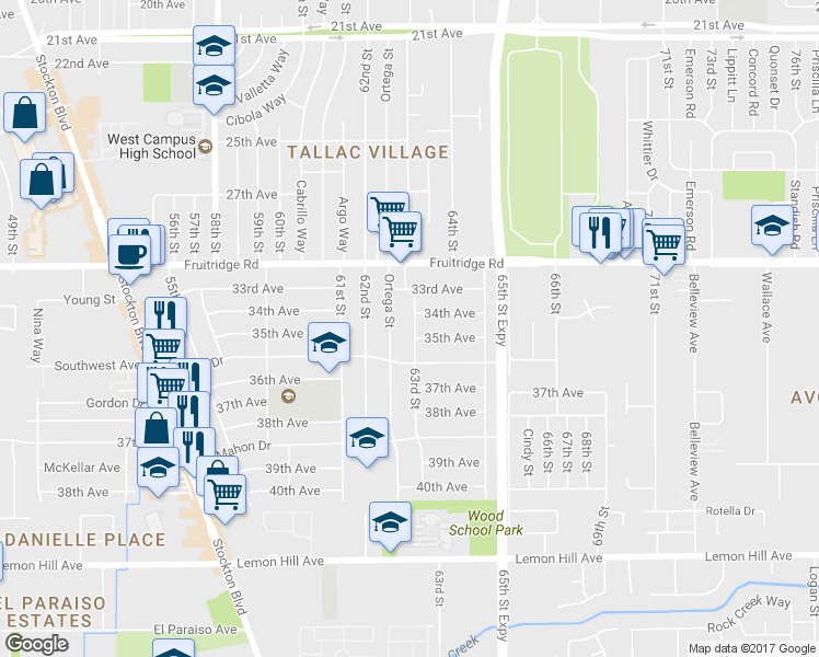 map of restaurants, bars, coffee shops, grocery stores, and more near 5740 63rd Street in Sacramento