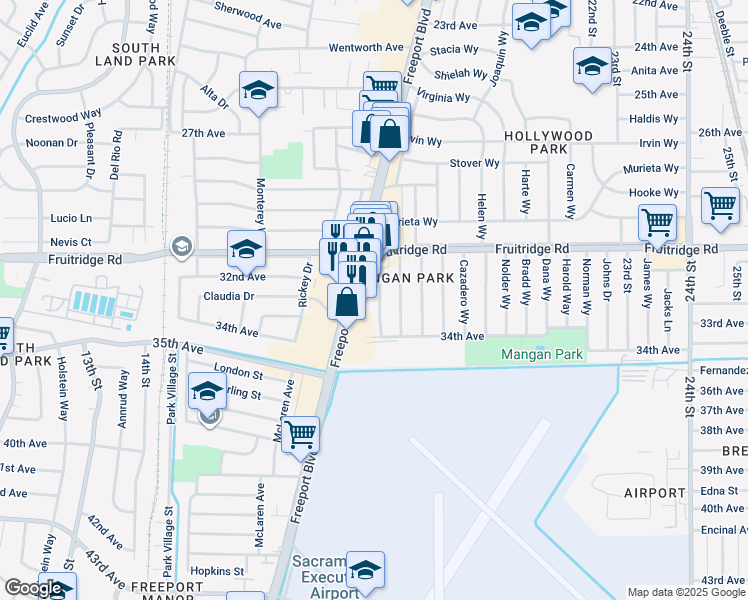 map of restaurants, bars, coffee shops, grocery stores, and more near 5640 El Arado Way in Sacramento