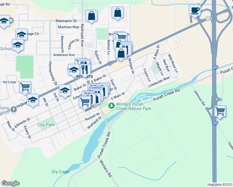map of restaurants, bars, coffee shops, grocery stores, and more near 300 East Street in Winters