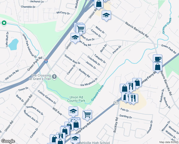 map of restaurants, bars, coffee shops, grocery stores, and more near 3836 Sunrise Way Drive in St. Louis