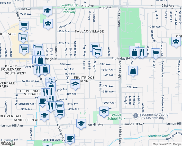 map of restaurants, bars, coffee shops, grocery stores, and more near 5749 62nd St in Sacramento