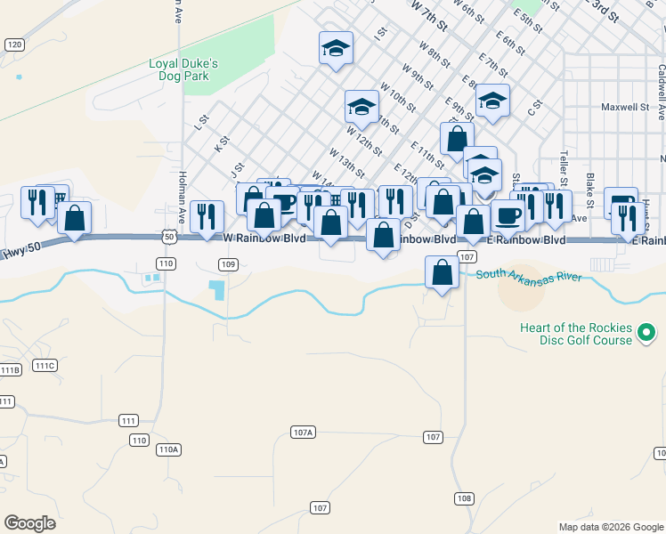 map of restaurants, bars, coffee shops, grocery stores, and more near 121 M St in Salida