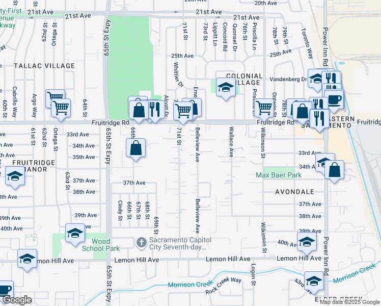 map of restaurants, bars, coffee shops, grocery stores, and more near 5730 Belleview Avenue in Sacramento