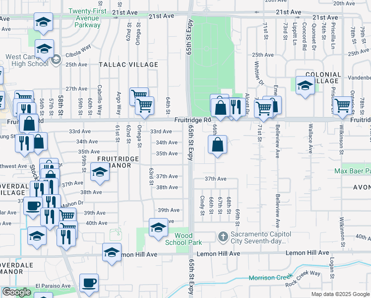 map of restaurants, bars, coffee shops, grocery stores, and more near 5749 64th Street in Sacramento