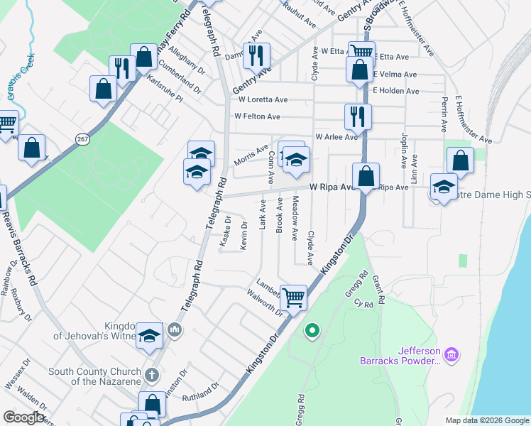 map of restaurants, bars, coffee shops, grocery stores, and more near 9921 Lark Avenue in St. Louis