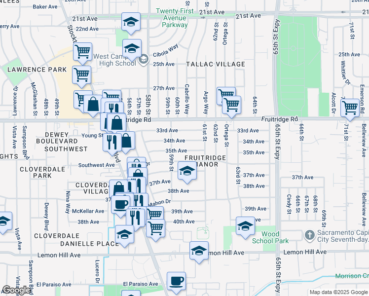 map of restaurants, bars, coffee shops, grocery stores, and more near 6025 35th Avenue in Sacramento