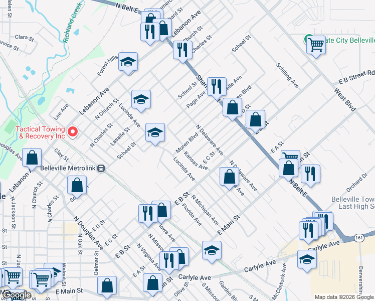 map of restaurants, bars, coffee shops, grocery stores, and more near 304 Kansas Avenue in Belleville