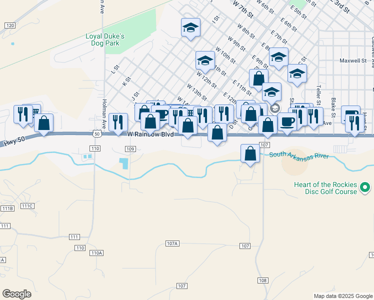 map of restaurants, bars, coffee shops, grocery stores, and more near 121 M St in Salida