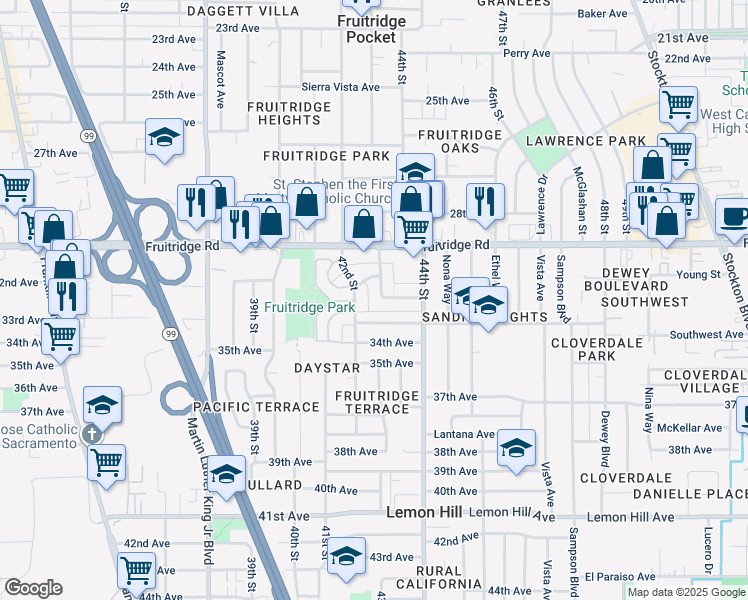 map of restaurants, bars, coffee shops, grocery stores, and more near 5661 42nd Street in Sacramento