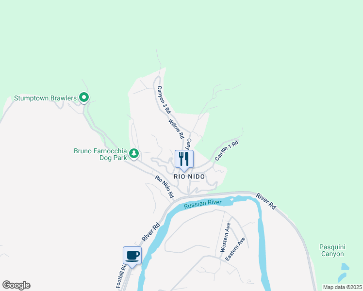 map of restaurants, bars, coffee shops, grocery stores, and more near 14850 Willow Road in Guerneville