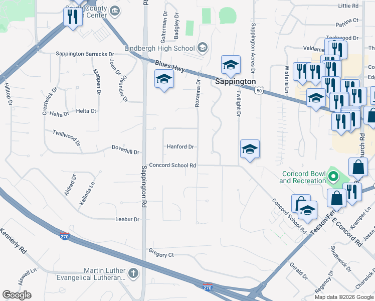 map of restaurants, bars, coffee shops, grocery stores, and more near 10514 Hanford Drive in Sappington
