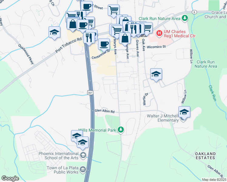 map of restaurants, bars, coffee shops, grocery stores, and more near 106 Palmetto Court in La Plata