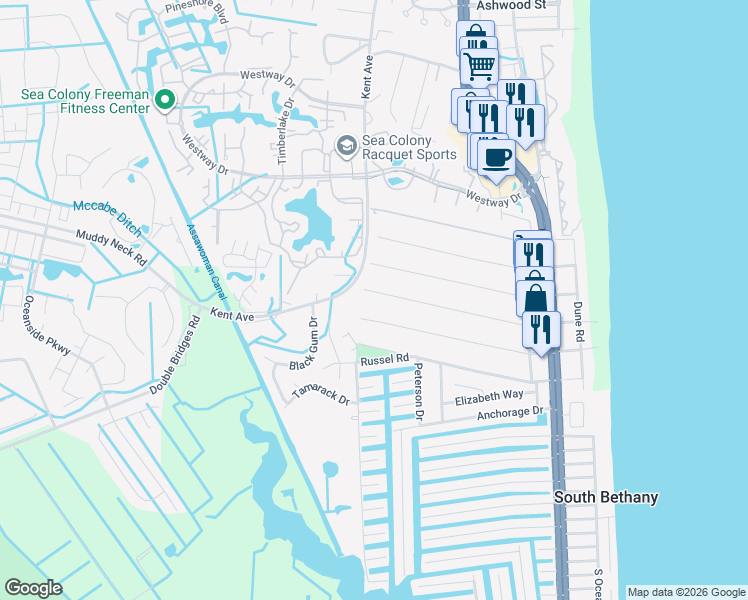 map of restaurants, bars, coffee shops, grocery stores, and more near 4 Bridge Road in Bethany Beach