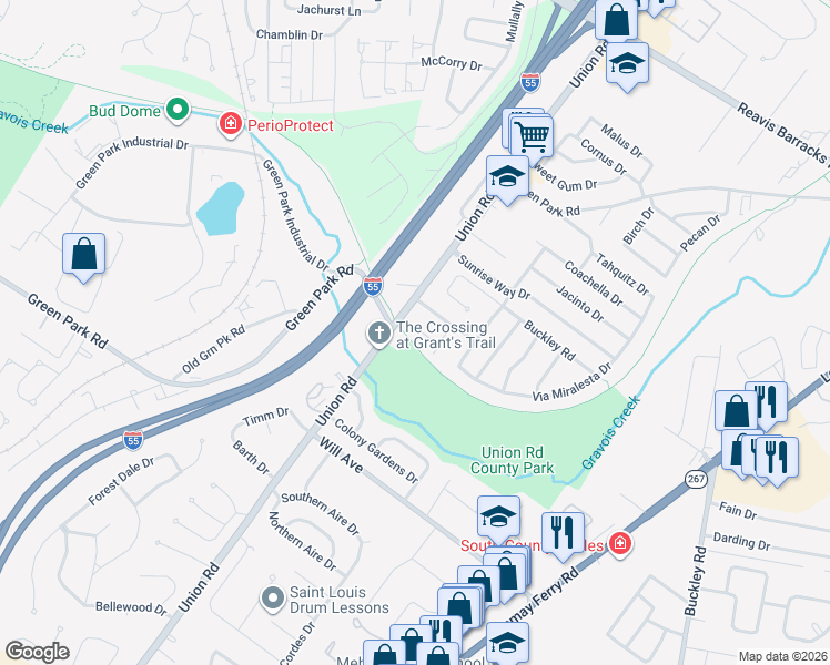 map of restaurants, bars, coffee shops, grocery stores, and more near 2666 Park Hill Circle in St. Louis