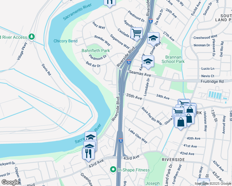 map of restaurants, bars, coffee shops, grocery stores, and more near 5770 Riverside Boulevard in Sacramento