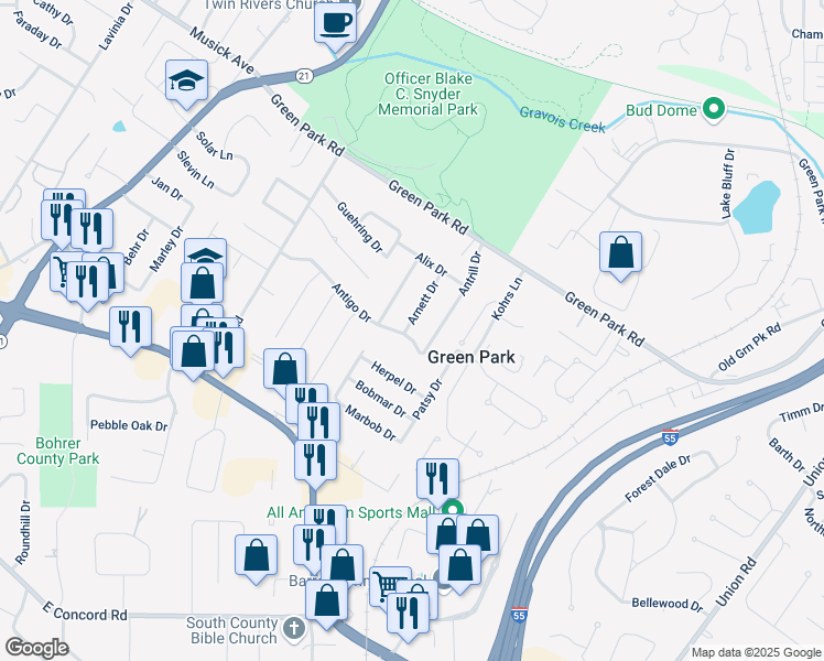 map of restaurants, bars, coffee shops, grocery stores, and more near 10840 Arnett Drive in St. Louis