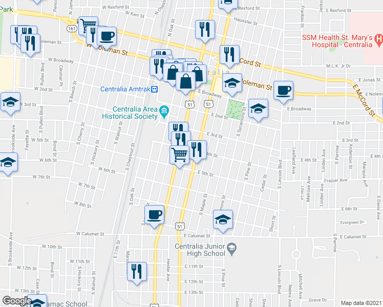 map of restaurants, bars, coffee shops, grocery stores, and more near 400 South Elm Street in Centralia