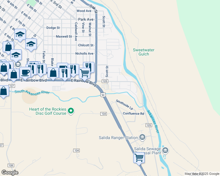 map of restaurants, bars, coffee shops, grocery stores, and more near 214 Two Rivers Road in Salida