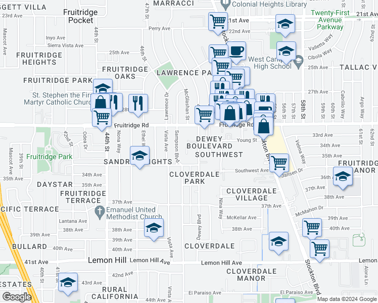map of restaurants, bars, coffee shops, grocery stores, and more near 5736 Falconer Way in Sacramento