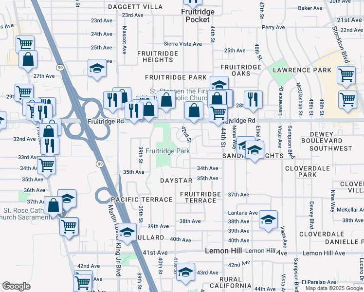 map of restaurants, bars, coffee shops, grocery stores, and more near 4117 Gaddi Drive in Sacramento